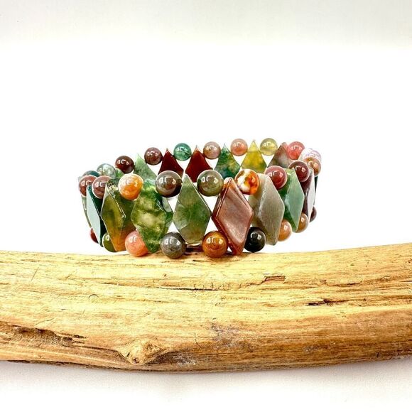 Polished Natural Stone Multicolored Agate Stretch Bracelet - Picture 1 of 6